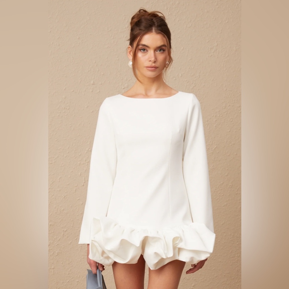 White Ruffle-Hem Long Sleeve Wedding Dress